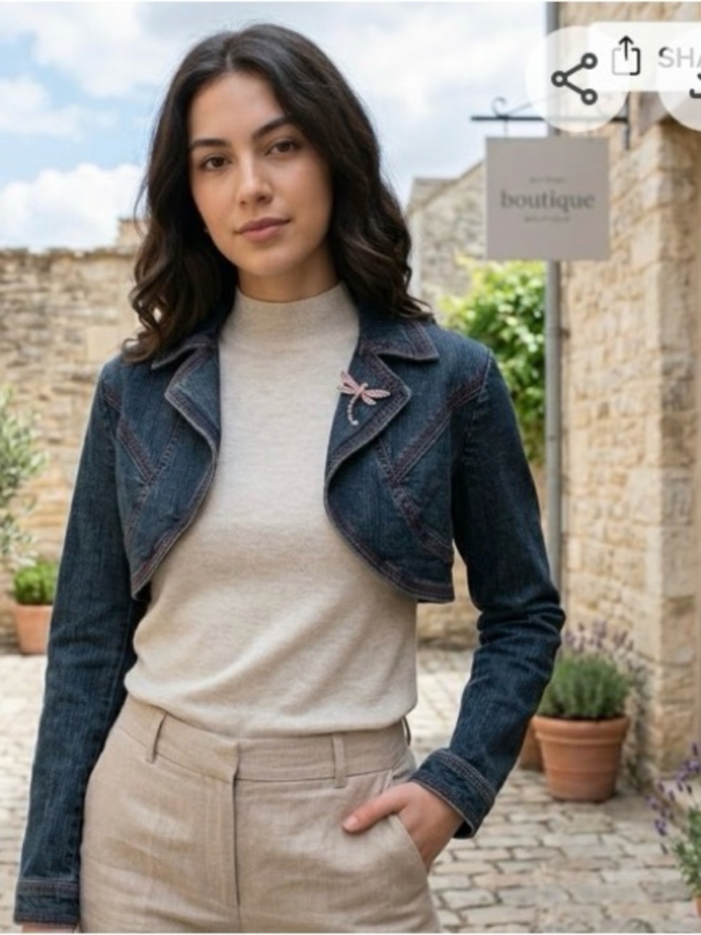 Vintage DKNY ultra cropped denim jacket Y2K pink stitching + pins bolero style